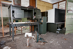 Stacked desks. New way to save office space?  Abandoned Barber-Colman factory in Rockford, Illinois