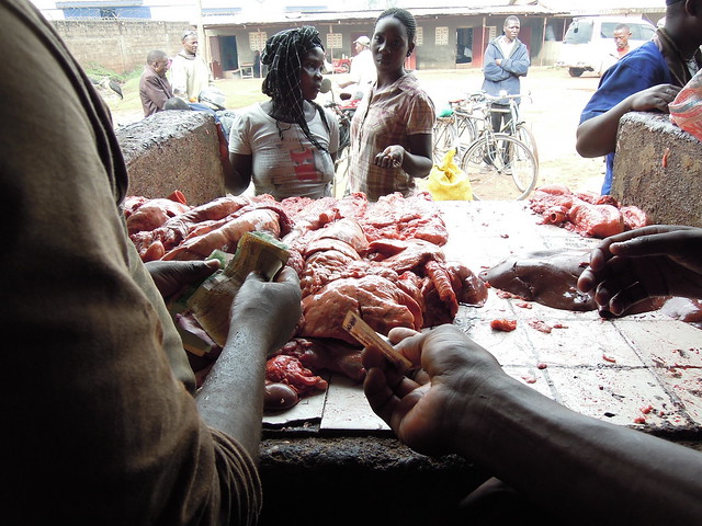 Trade of pig offal in Kampala, Uganda