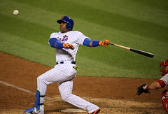 The Mets' Yoenis Cespedes fouls off a pitch in the ninth inning.