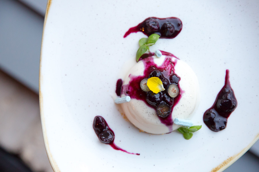 Corn Panna Cotta with blueberry compote, salted polenta, sablée, and blueberry meringue