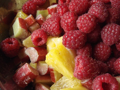 Rhubarb, Raspberry & Pineapple Almond Cobbler