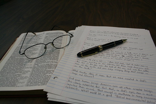 Bible, Reading Glasses, Notes and Pen