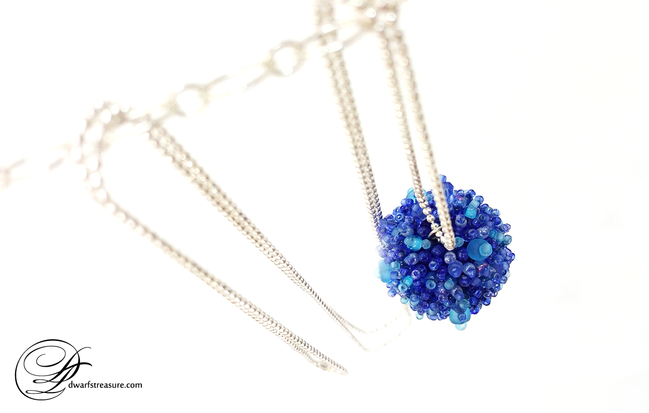 Stylish chain necklace with one in a kind blue seed bead ball pendant