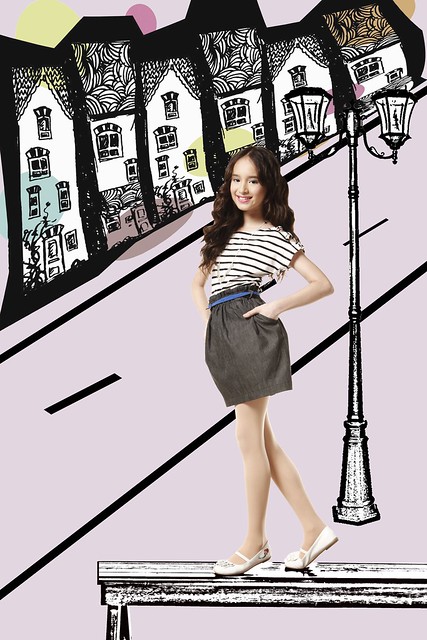 [Photo 1b] - Stripes cream and black boat neck top and dark soft denim tulip skirt with side pockets
