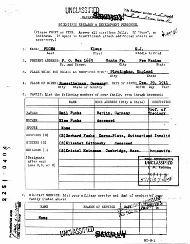 Klaus Fuchs Questionnaire Form June 27 1945