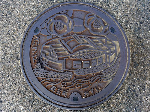 matama oiata japan manhole flower architecture 真玉町 大分県 日本 マンホール 花 ツバキ 建物