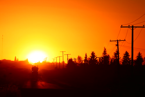 road light sunset orange silhouette rural truck evening glow horizon country powerlines prairie saskatchewan sotc