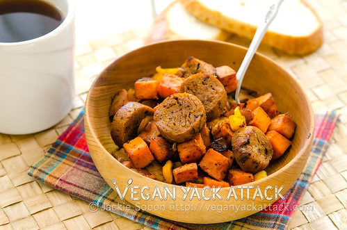 A warm and crispy sweet potato hash combined with subtly hot chipotle seitan sausage make for a delightful and filling breakfast.