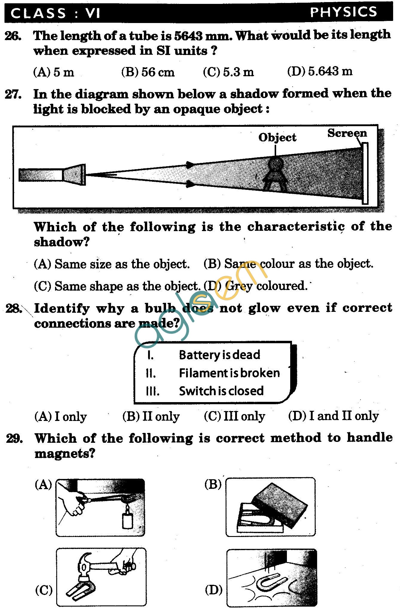 NSTSE 2010: Class VI Question Paper with Answers - Physics