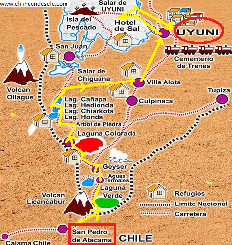 Mapa de la ruta de Atacama al Salar de Uyuni