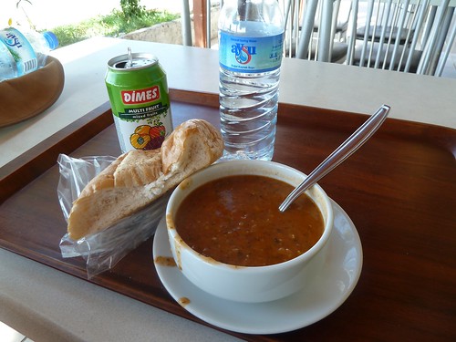 Lunch: ezogelin soup, bread, juice, water by mattkrause1969