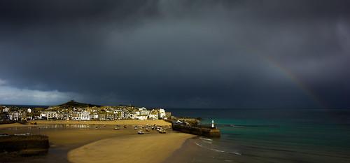 light lighthouse beach clouds coast pier rainbow cornwall waves harbour changing refraction stives