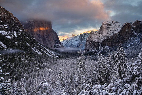 trees sunset snow mountains clouds forest nationalpark frost day meadows valley yosemite halfdome bridalveilfalls sdf13