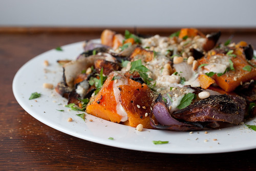 roasted butternut squash and red onion with tahini and za'atar