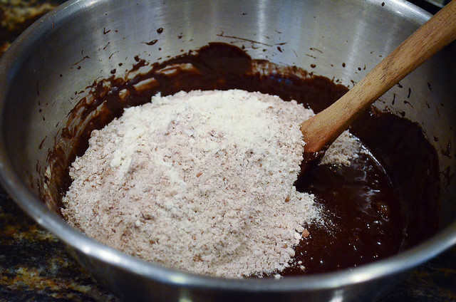 The dry ingredients are added into the chocolate mixture.