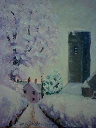 winter snow tree art church painting landscape canvas oil townscape pembrokeshire narberth gargoil
