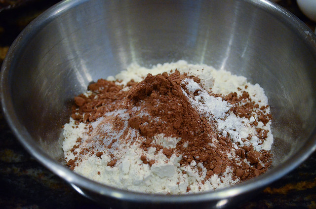 A mixing bowl filled with the dry ingredients.