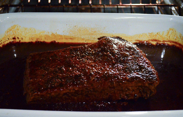 The beef brisket after it has finished cooking in the oven.