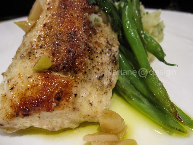 Halibut, pan seared green beans, potatoes with truffle butter