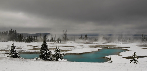 park travel blue autumn trees vacation usa lake snow west fall nature water clouds canon dark landscape united basin powershot steam national thumb yellowstone states wyoming geyser thermal g11