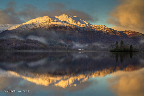 trees winter snow mountains water forest reflections landscape scotland hills trossachs hdr lochachray mistandfog