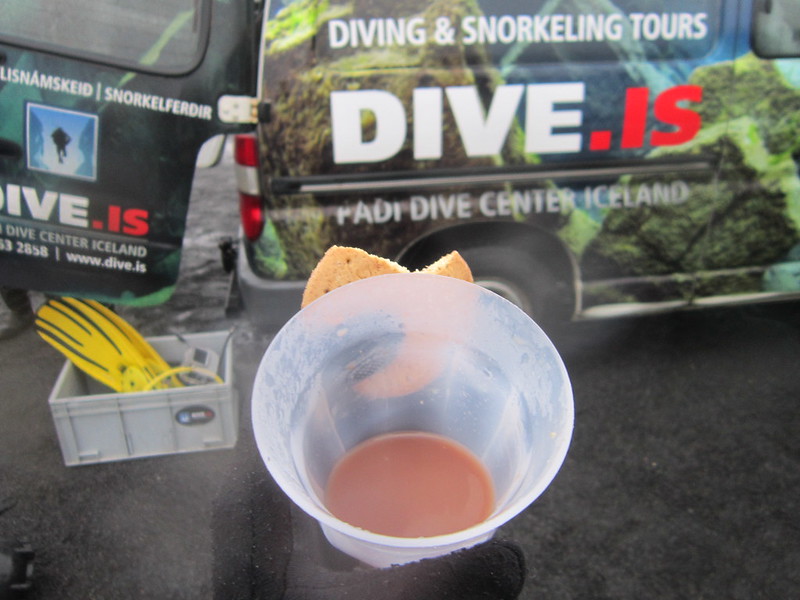 Hot chocolate and a biscuit after snorkelling Silfra Rift, Iceland