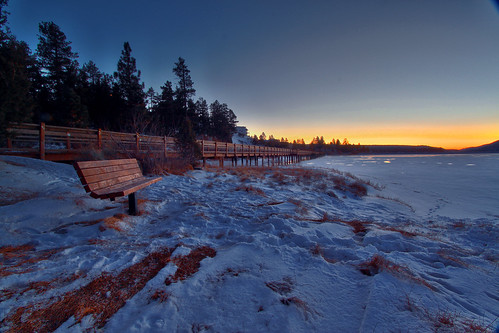 bear sunset lake snow ice canon bench pier big