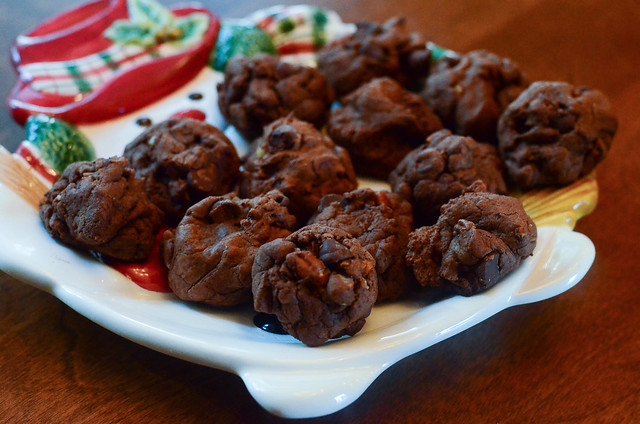 A serving tray filled with Chocolate Pecan Truffle Cookies.