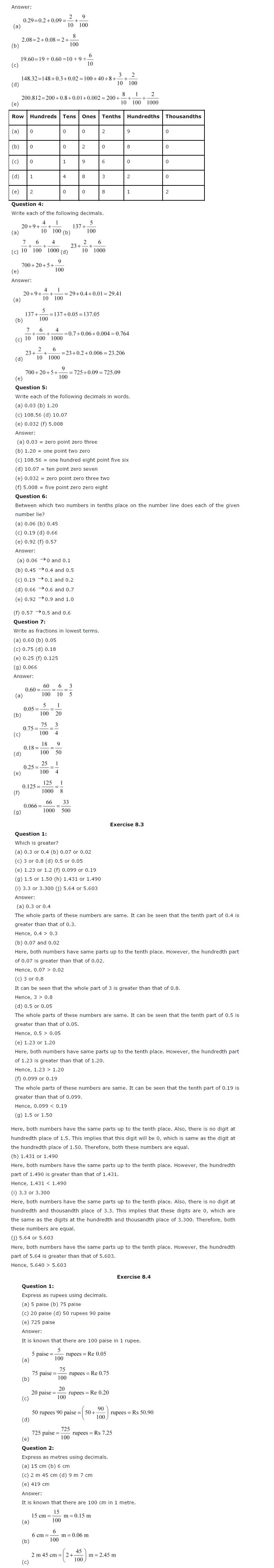 NCERT Solutions For Class 6 Maths Chapter 8 Decimals PDF Download