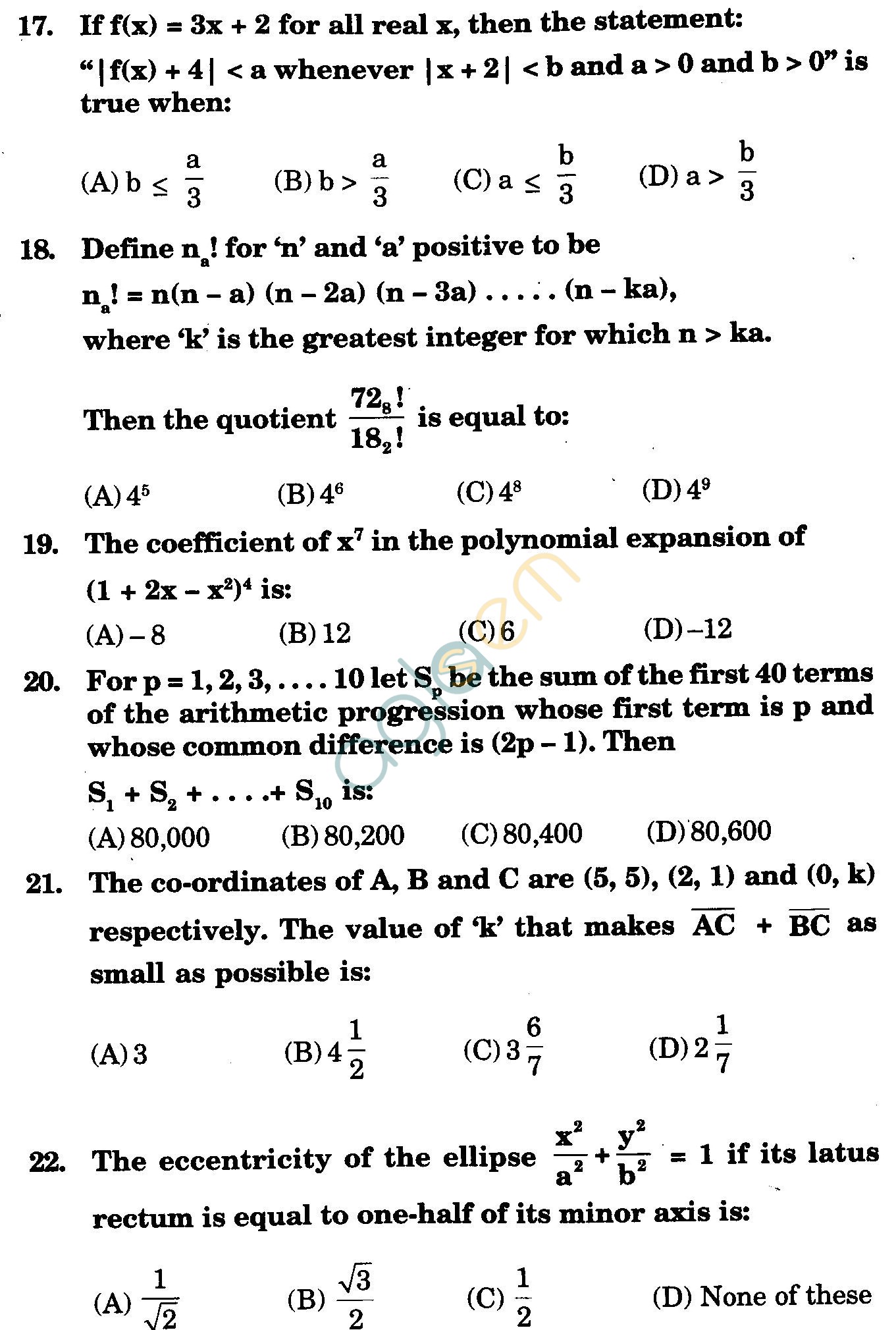 NSTSE 2010 Class XI PCM Question Paper with Answers - Mathematics