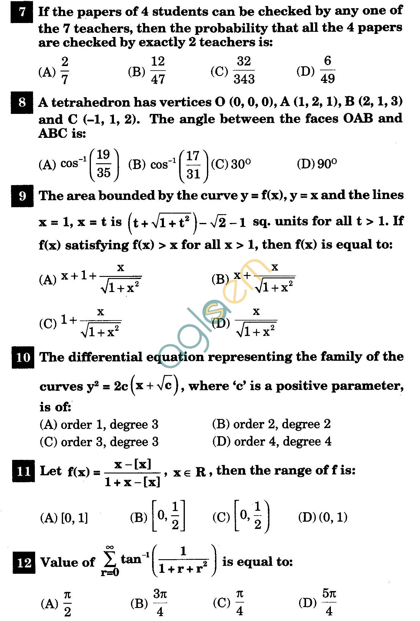 NSTSE 2011 Class XII PCM Question Paper with Answers - Mathematics