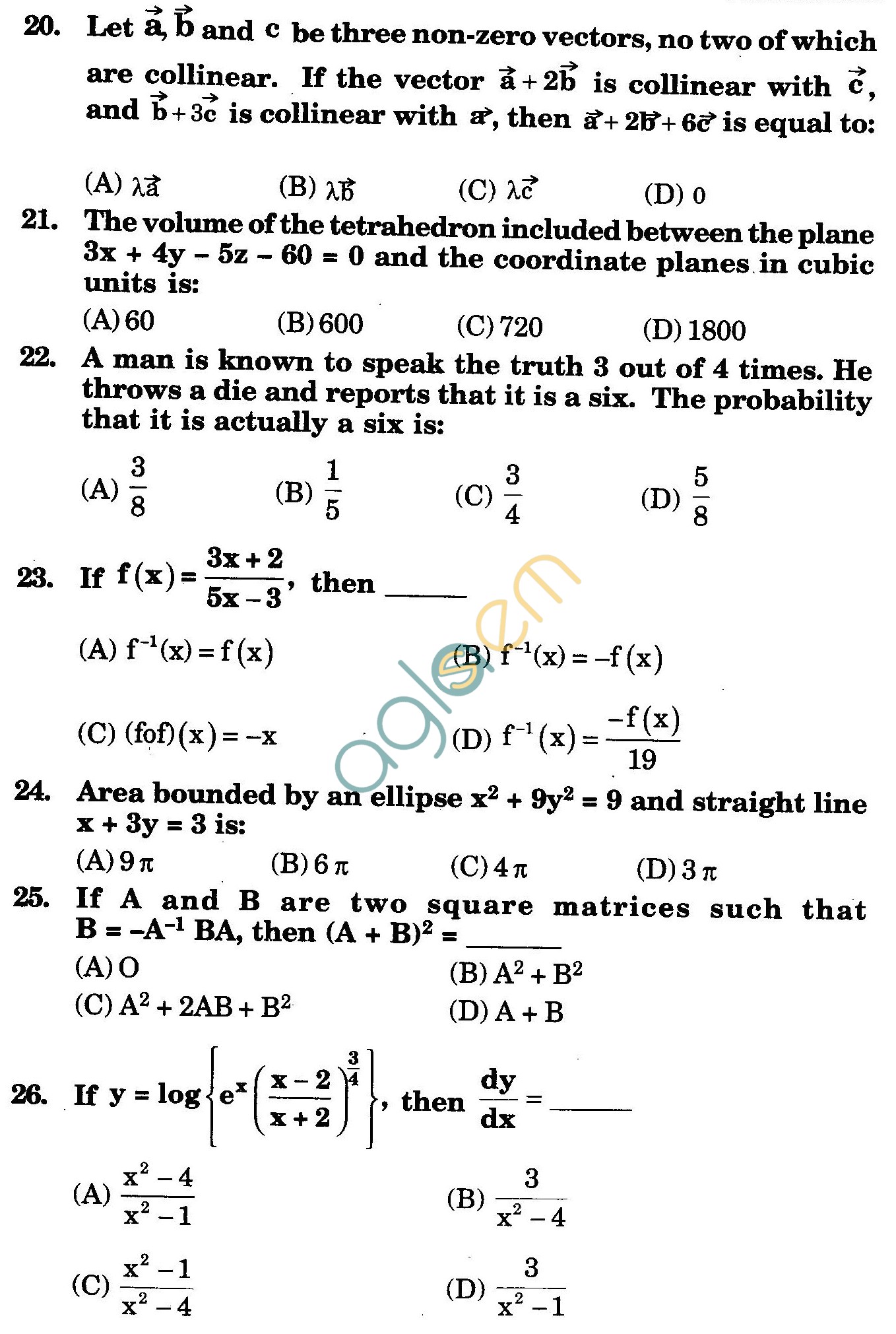 NSTSE 2009 Class XII PCM Question Paper with Answers - Mathematics