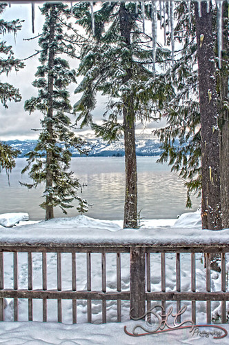 trees lake snow water landscape cabin north scenic idaho evergreen photoaday 365 icicles hdr priestlake hillsresort 366