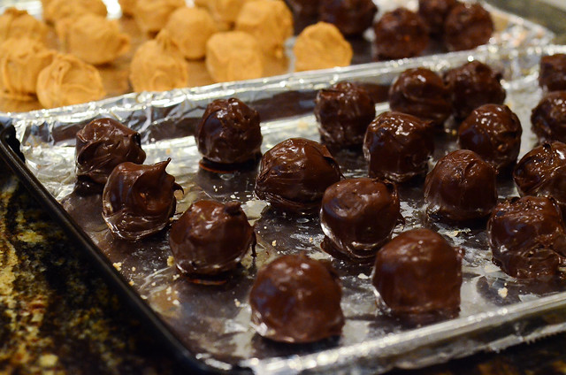 Trays full of chocolate and butterscotch bon bons.