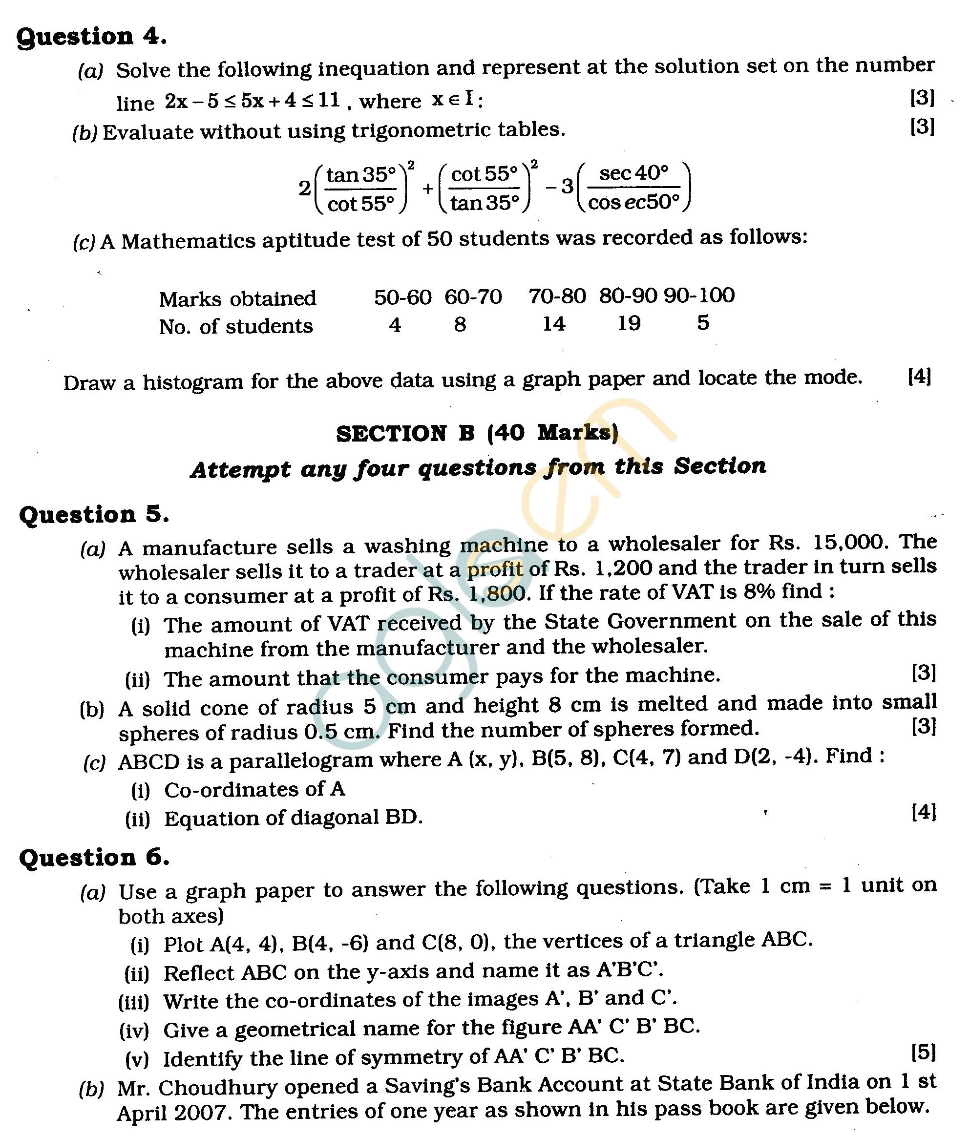 ICSE Class X Exam Question Papers 2011 Mathematics