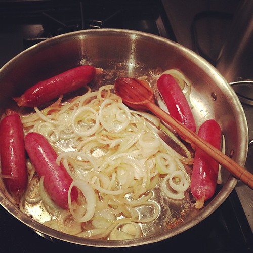 Brats and onions awaiting their cabbagey friends. #dinner