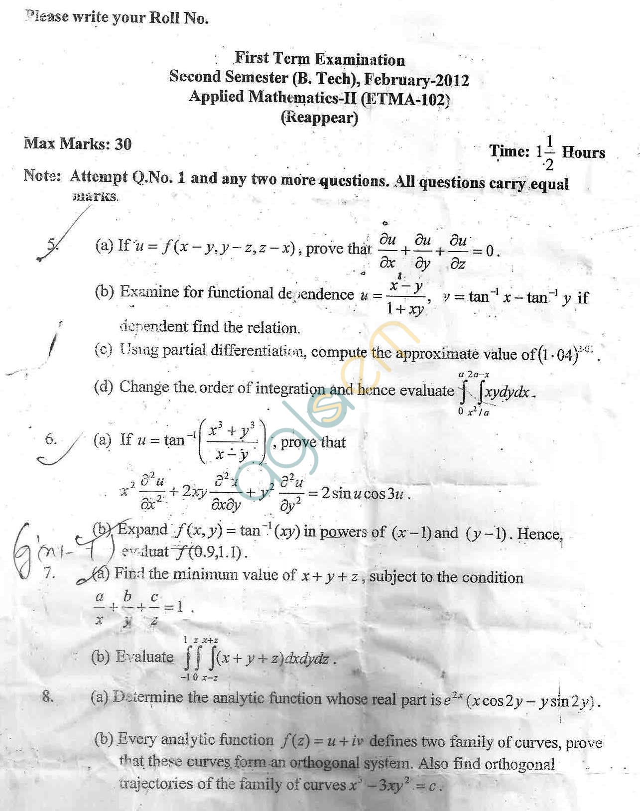 GGSIPU Question Papers Second Semester – First Term 2012 – ETMA-102