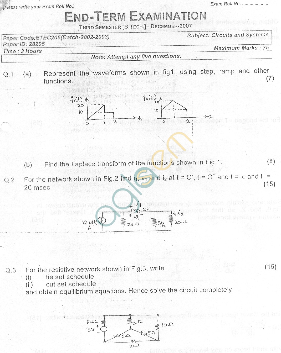 GGSIPU Question Papers Third Semester  End Term 2007  ETEC-205