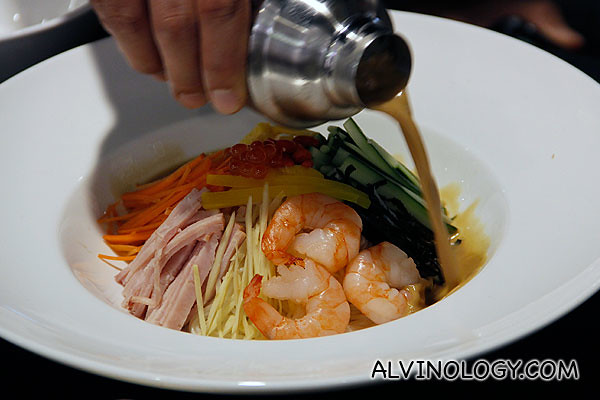 Pouring the dressing into the noodle 