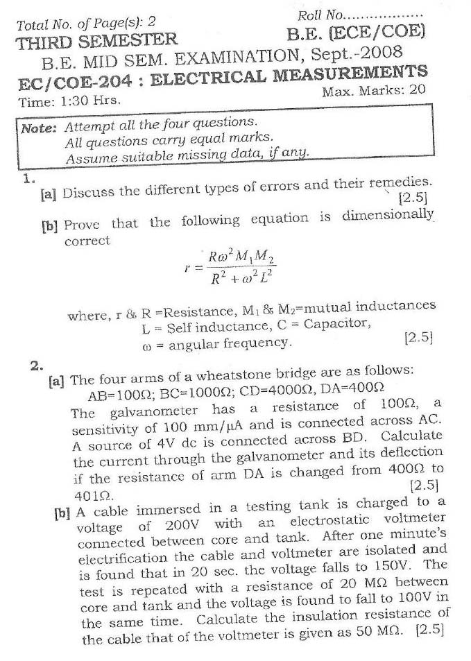 NSIT Question Papers 2008  3 Semester - Mid Sem - EC-COE-204