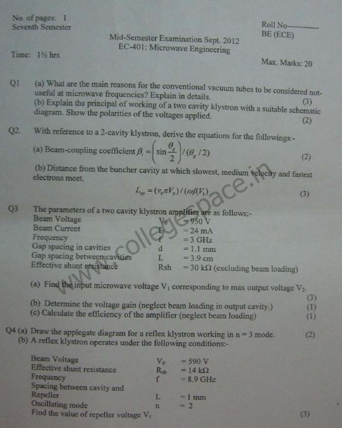 NSIT Question Papers 2012  7 Semester - Mid Sem - EC-401