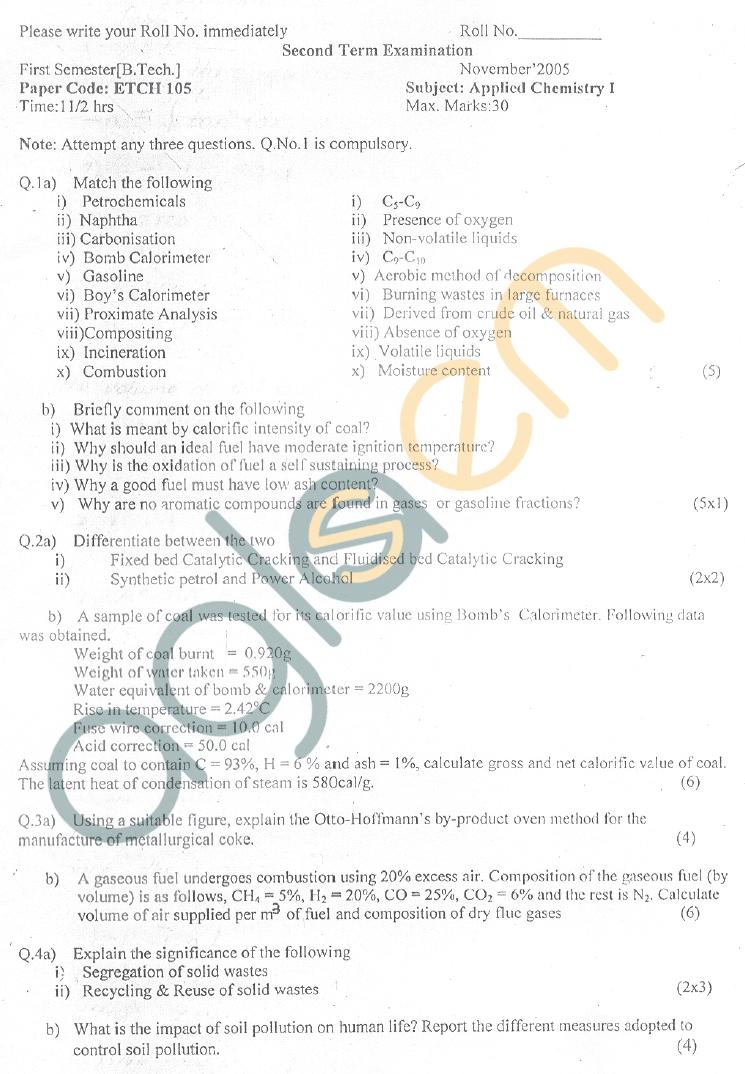 GGSIPU: Question Papers First Semester – Second Term 2005 – ETCH-105