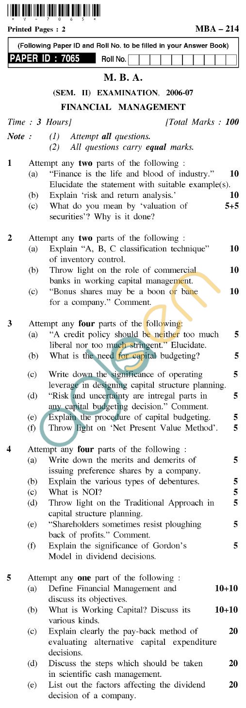 UPTU MBA Question Papers - MBA-214-Financial Management
