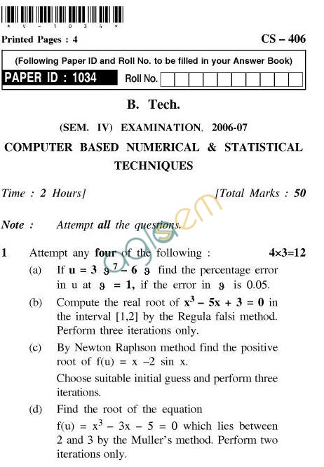 UPTU B.Tech Question Papers - CS-406-Computer Based Numerical & Statistical Techniques