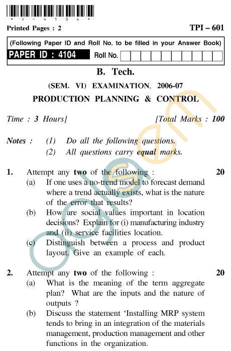 UPTU B.Tech Question Papers - TPI-601 - Production Planning & Control