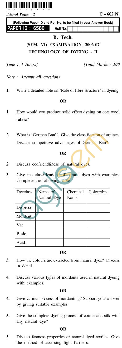 UPTU B.Tech Question Papers - C-602(N) - Technology of Dyeing-II