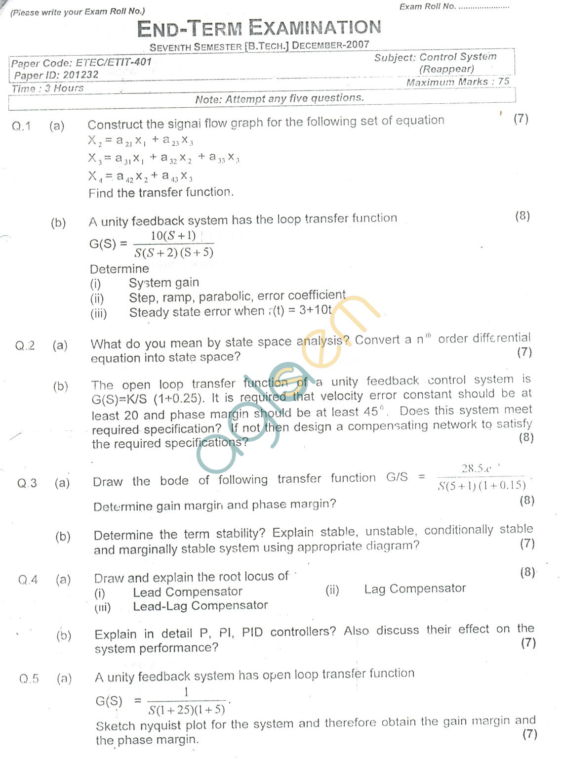 GGSIPU: Question Papers Seventh Semester – end Term 2007 – ETEC-401