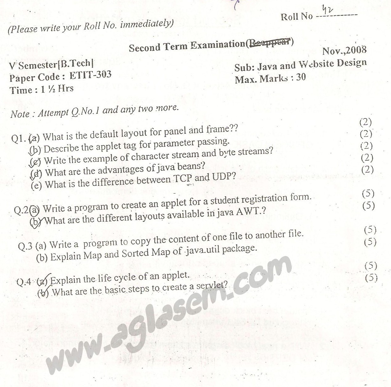 GGSIPU Question Papers Fifth Semester  Second Term 2008  ETIT-303