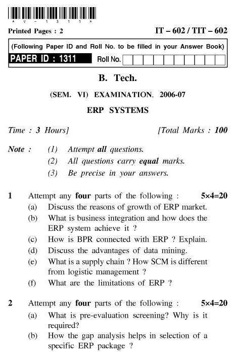 UPTU B.Tech Question Papers - IT-602/TIT-602-ERP Systems