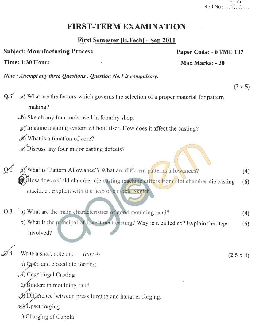 GGSIPU: Question Papers First Semester - First Term 2011 - ETME-107